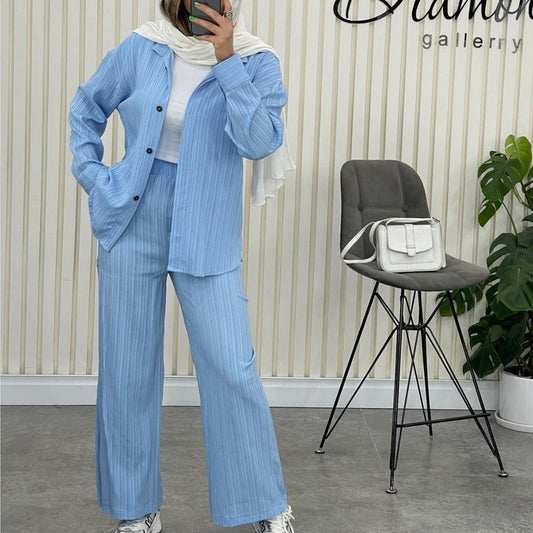 IvyShape | Pleated Long Sleeve Shirt High Waist Straight Leg Pants