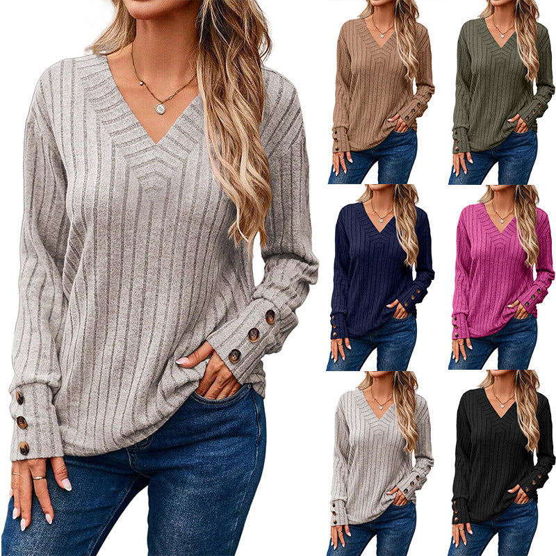 Women Elegant V-neck Knit Top with Button Details Ivyshape