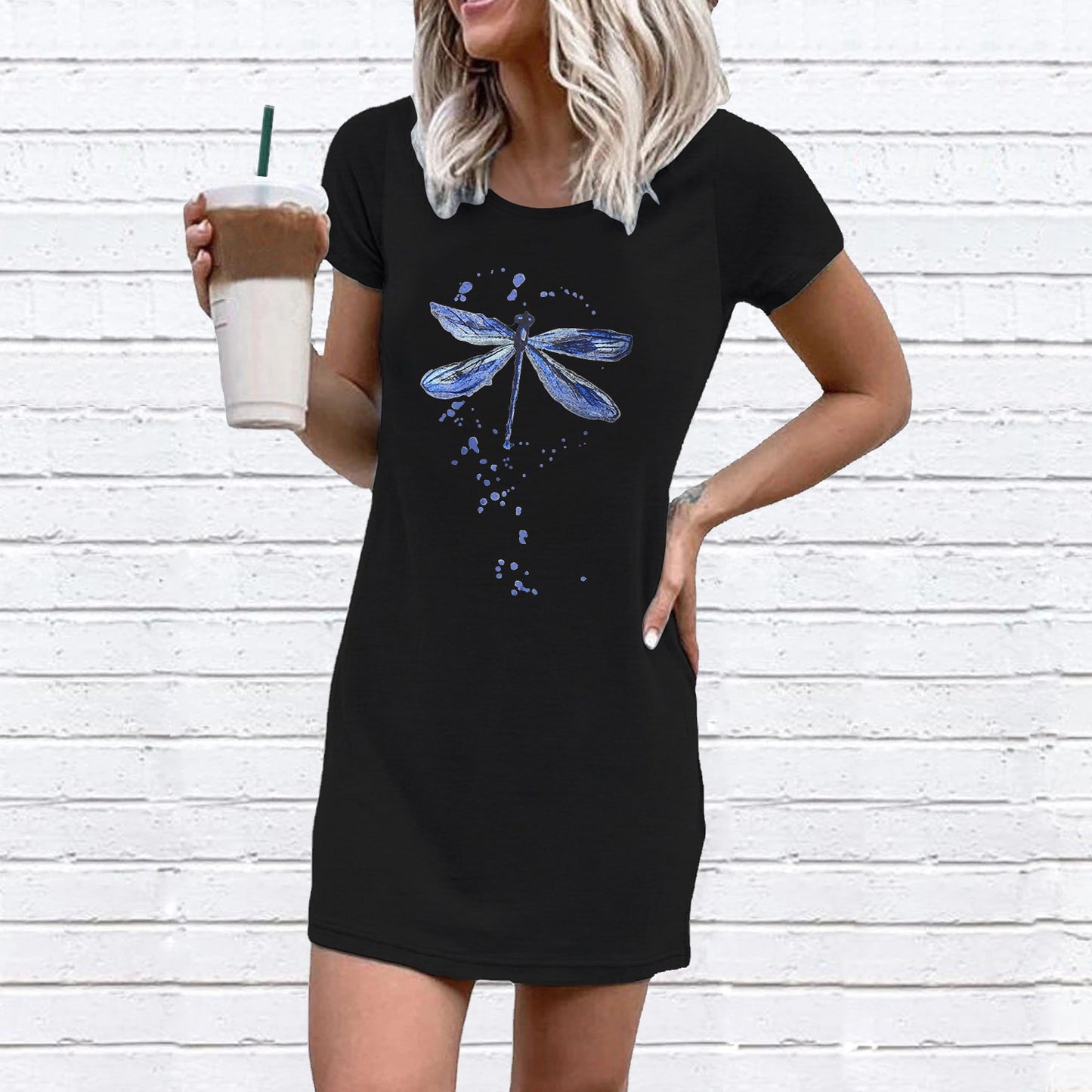 Women Short Sleeve Dress with Creative Dragonfly Motif and Loose Fit Ivyshape