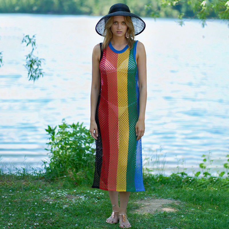 Ladies net dress with side slits and colorful design Ivyshape