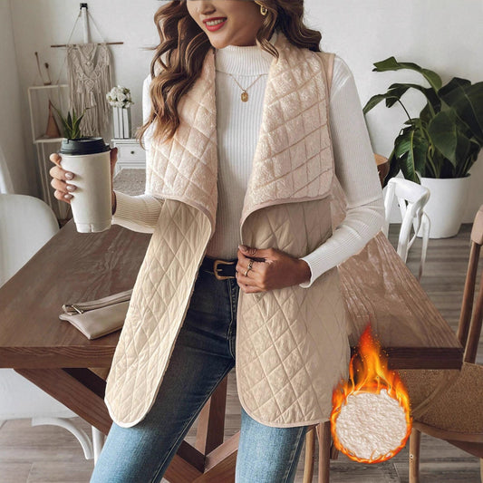 Women Elegant Quilted Vest with Wide Collar and Practical Pockets Ivyshape