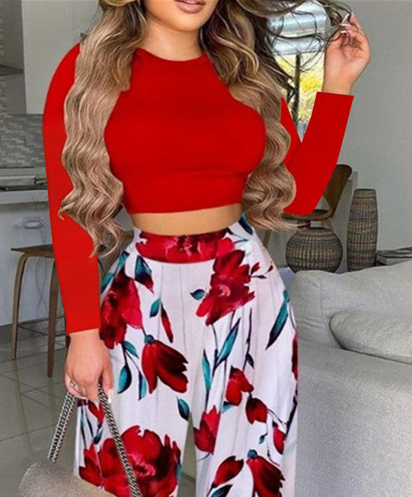 Women's Crop Top and Wide Palazzo Pants Set with Tropical Leaf Design Ivyshape