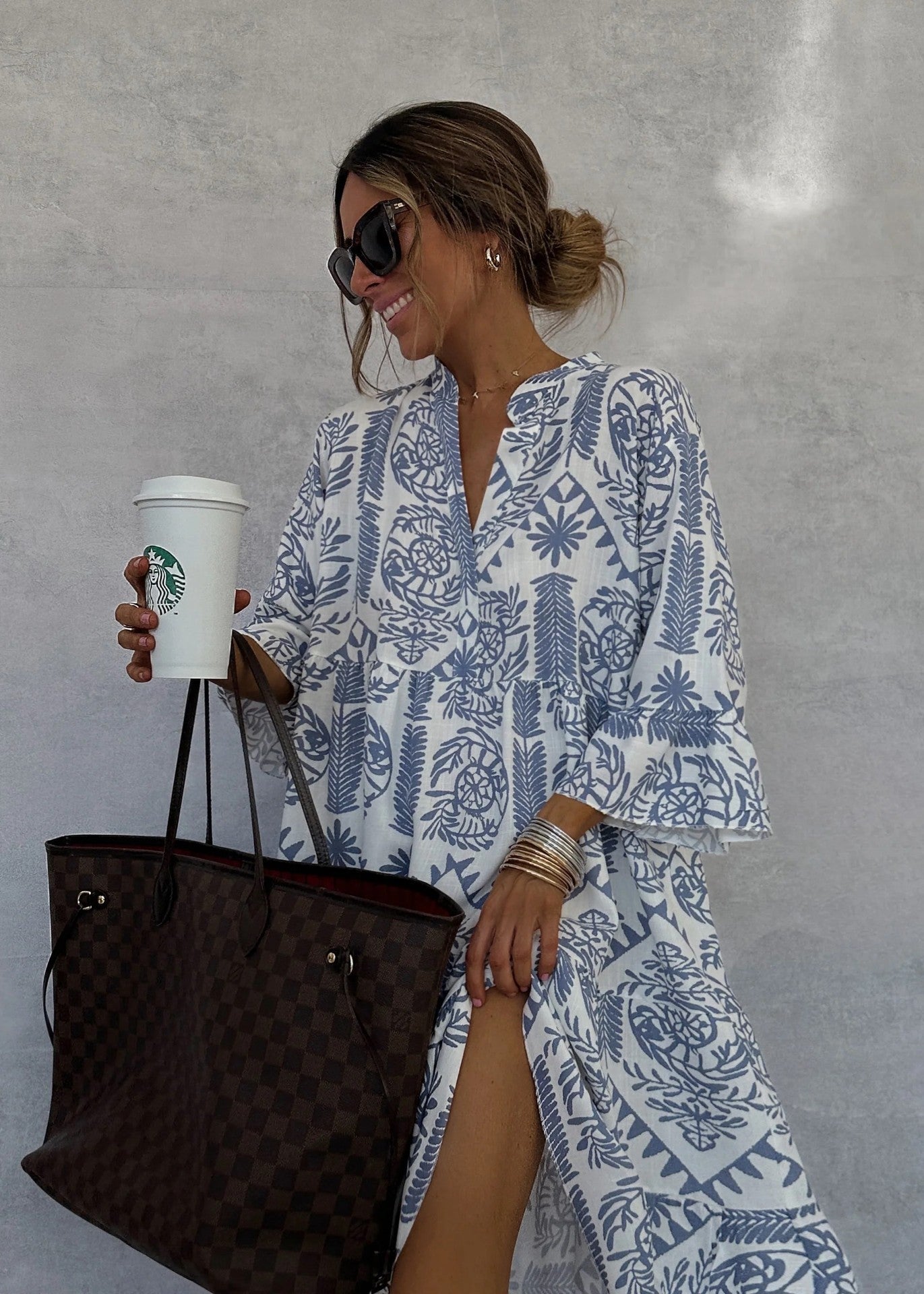 Ivyshape | Printed V-Neck Bell Sleeves Tiered Loose Mini Dress