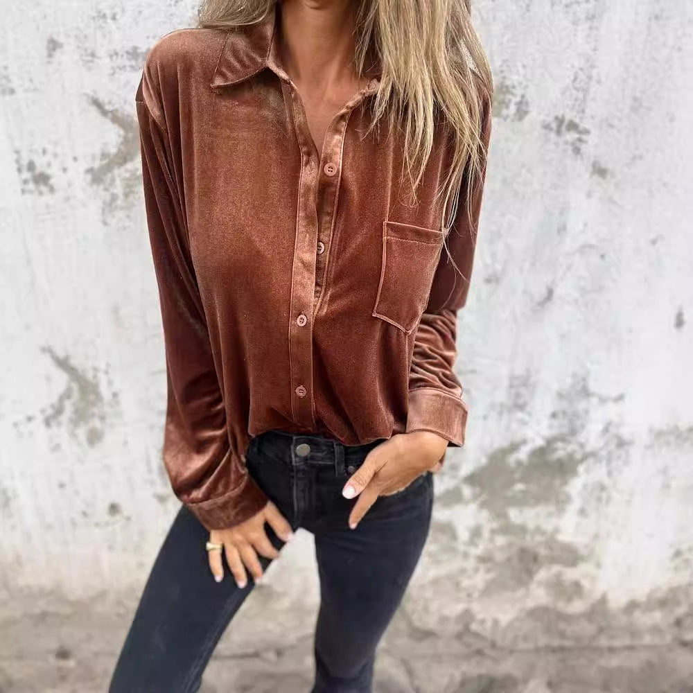 Women's Elegant Velvet Blouse with Classic Shirt Collar and Long Sleeves Ivyshape