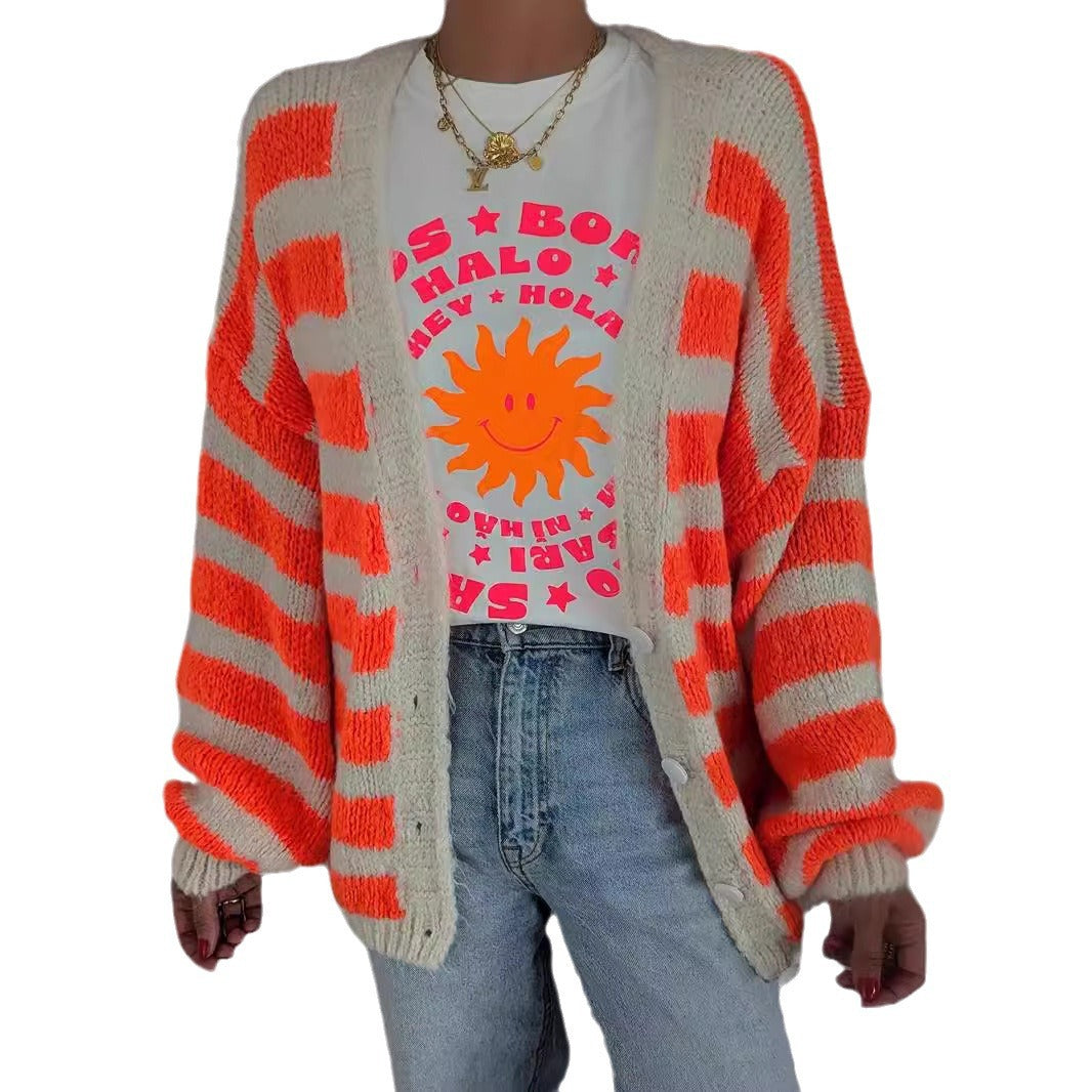 Women Oversized Cardigan with modern striped pattern and casual cut Ivyshape