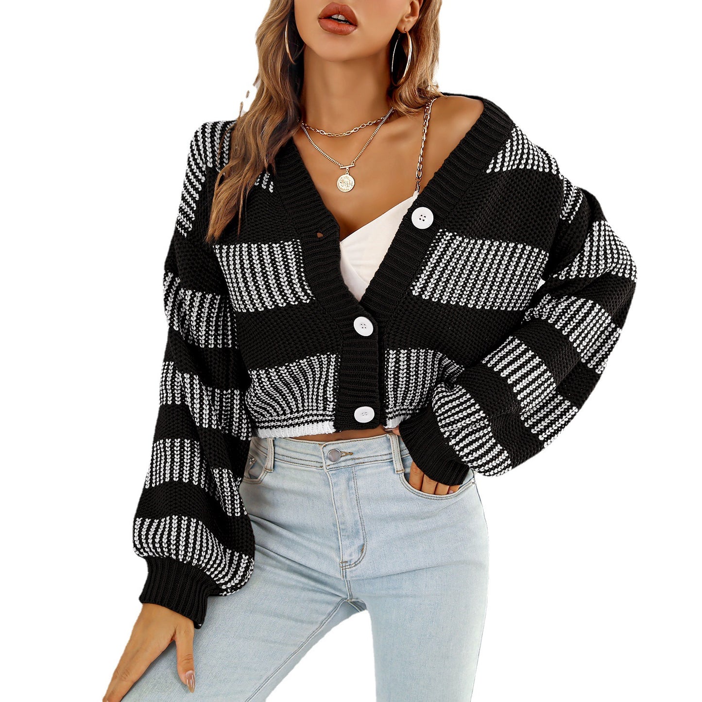 Ladies fashionable short sweater with a large V-neck and special stripe patterns Ivyshape