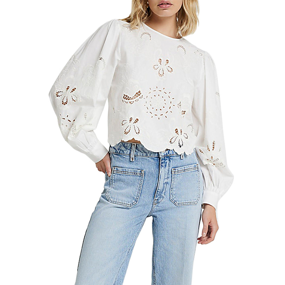 IvyShape | Women's Long Sleeve Lace Embroidery Hollow Elegant Top