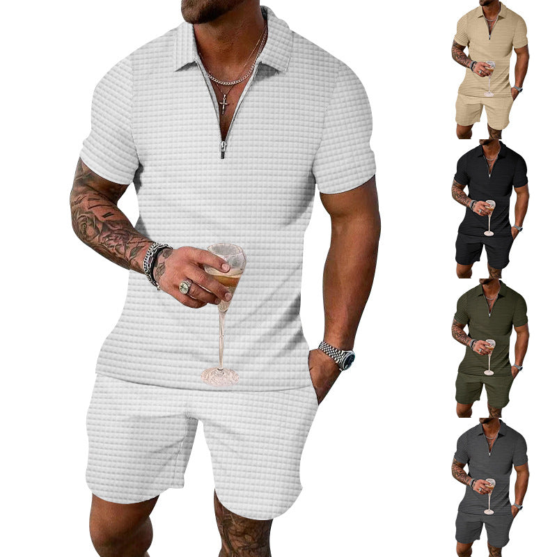Men's fashionable short sleeve set with narrow collar and practical zipper Ivyshape