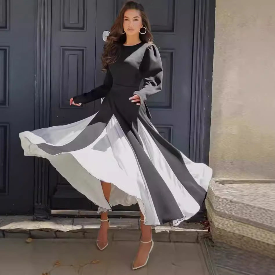 Women Elegant Long Sleeve Dress with Puff Sleeves and Flowing Hem Ivyshape