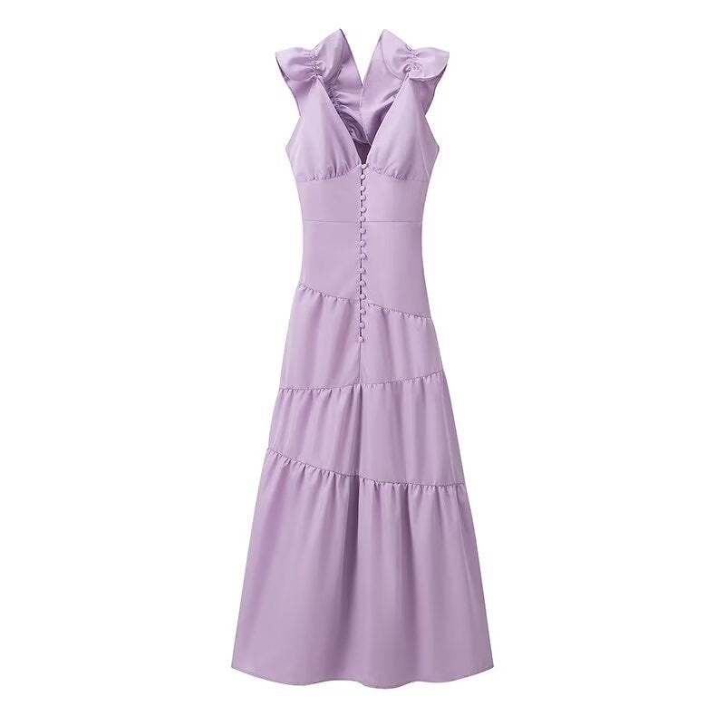 Women's maxi dress with a flowing ruffle design and elegant V-neck Ivyshape