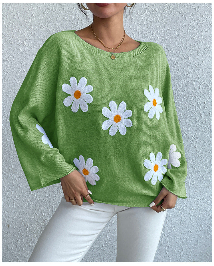 IvyShape | Floral Embroidery One-Shoulder Pullover Sweater