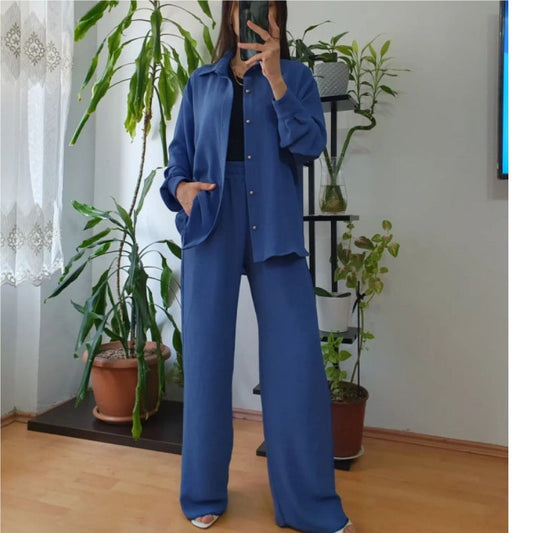 IvyShape | Solid Color Loose Top Wide Leg Pants Two-Piece Set