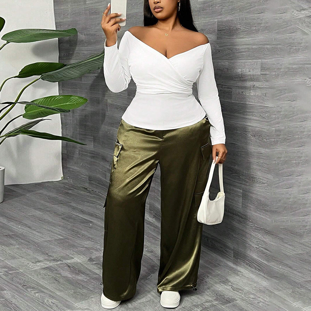 Women fitted wrap top with off-shoulder design Ivyshape