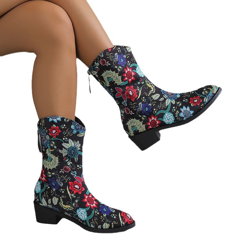 Ladies' fashionable mid-cut boots with floral patterns and comfortable block heel Ivyshape