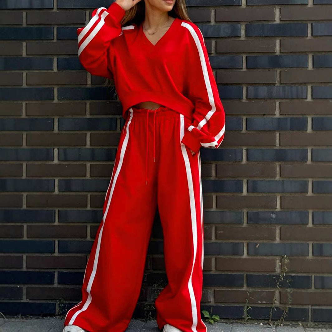 IvyShape | Fashionable V-Neck Pullover Sweatshirt and Pants Set