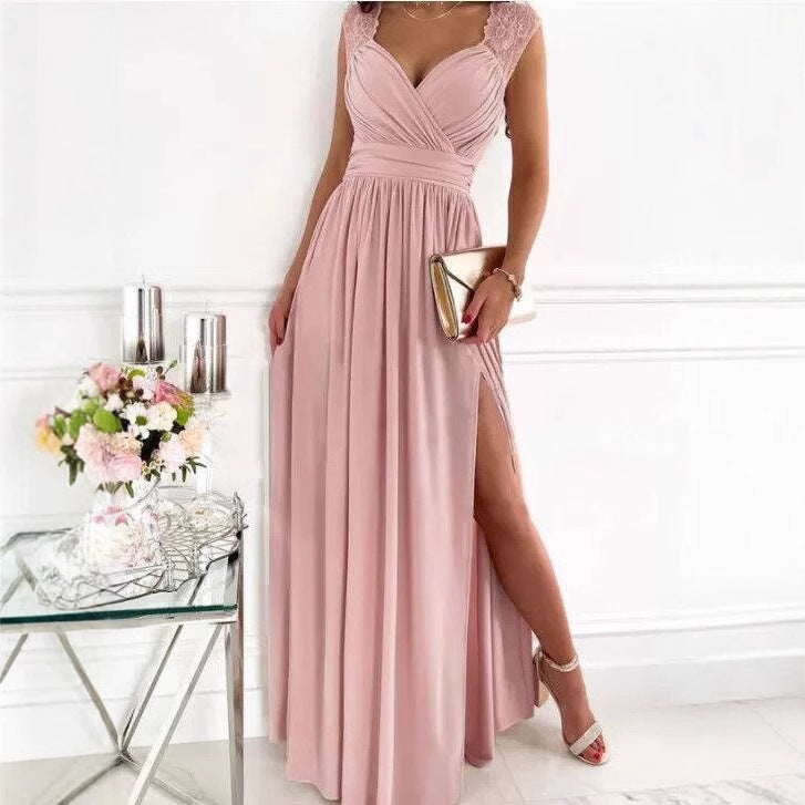 Ladies elegant evening dress with lace sleeves and high slit Ivyshape
