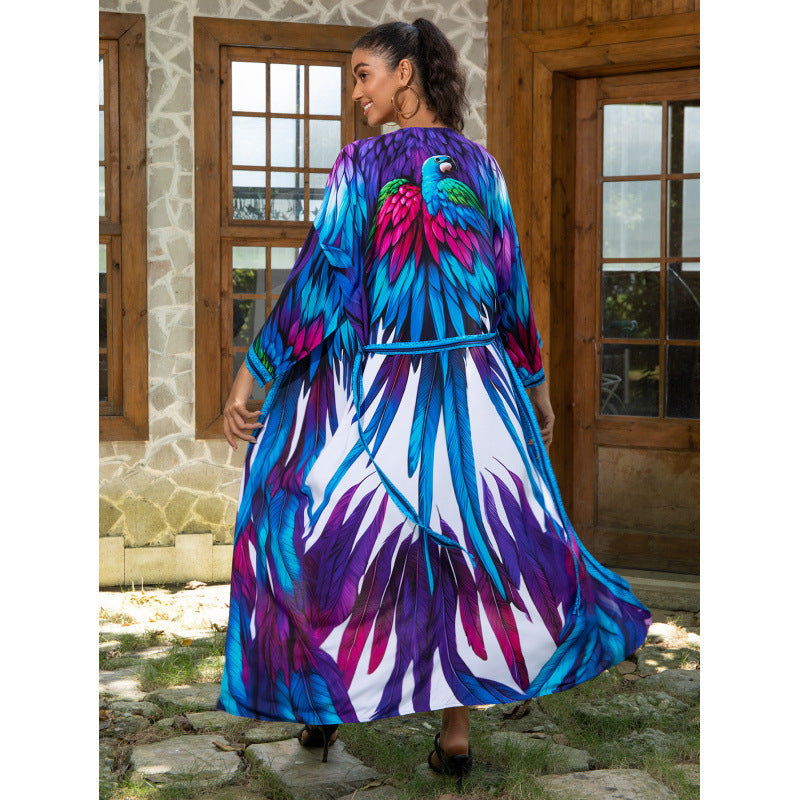 Ladies Shawl Kimono with Vibrant Feather Designs Ivyshape