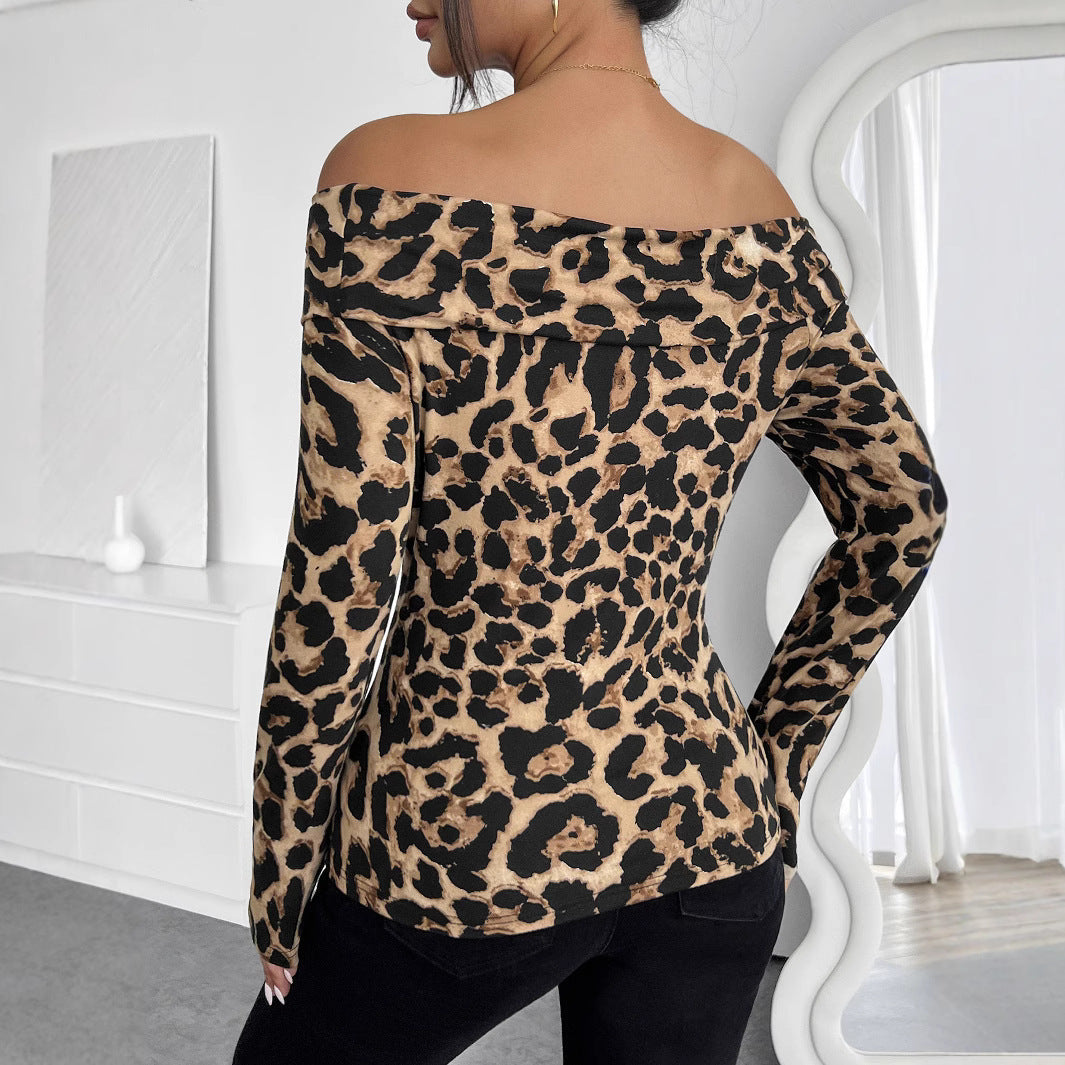 IvyShape | Leopard Print Off-Shoulder Long Sleeve T-Shirt