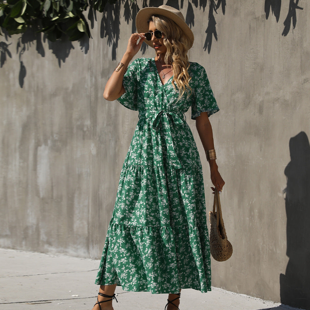 IvyShape | Bohemian Print Short Sleeve Maxi Dress