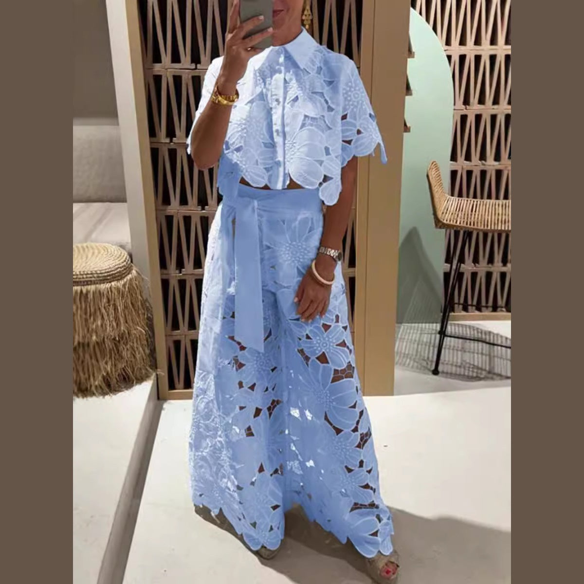 Women Elegant Summer Suit with Floral Lace Overlay Ivyshape