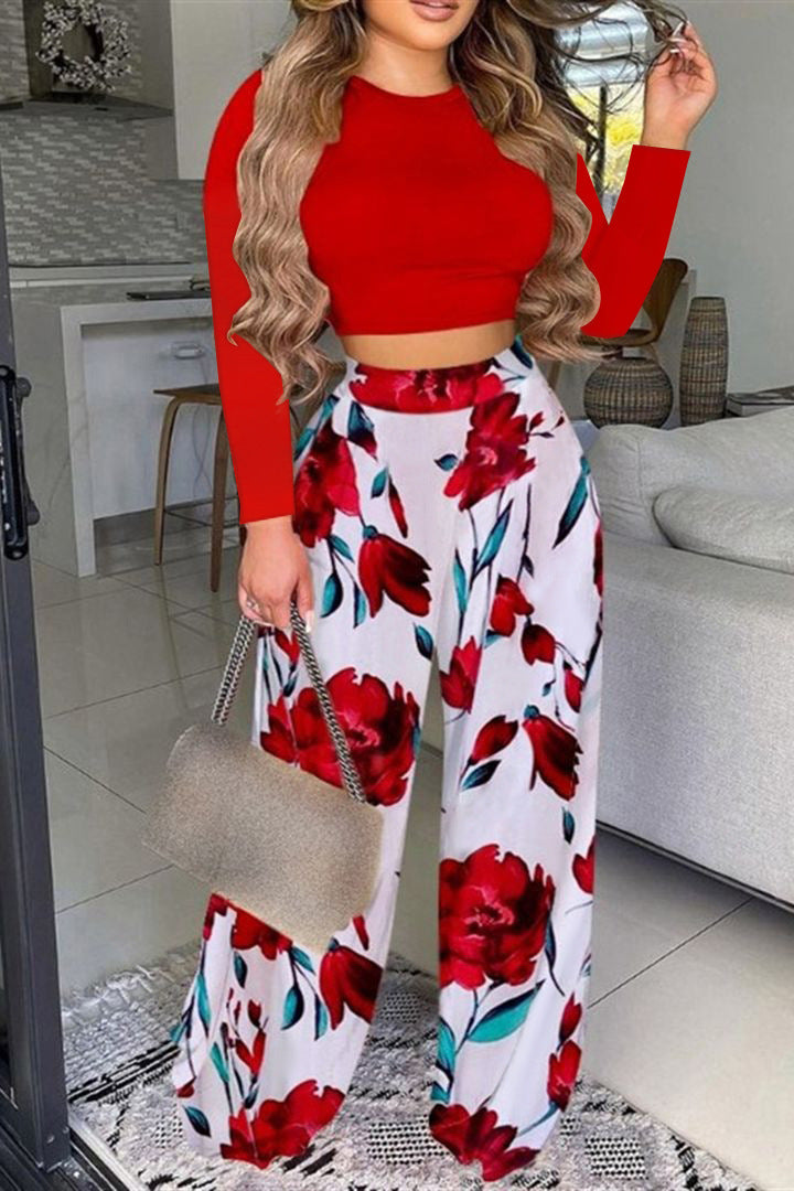 Women's Crop Top and Wide Palazzo Pants Set with Tropical Leaf Design Ivyshape
