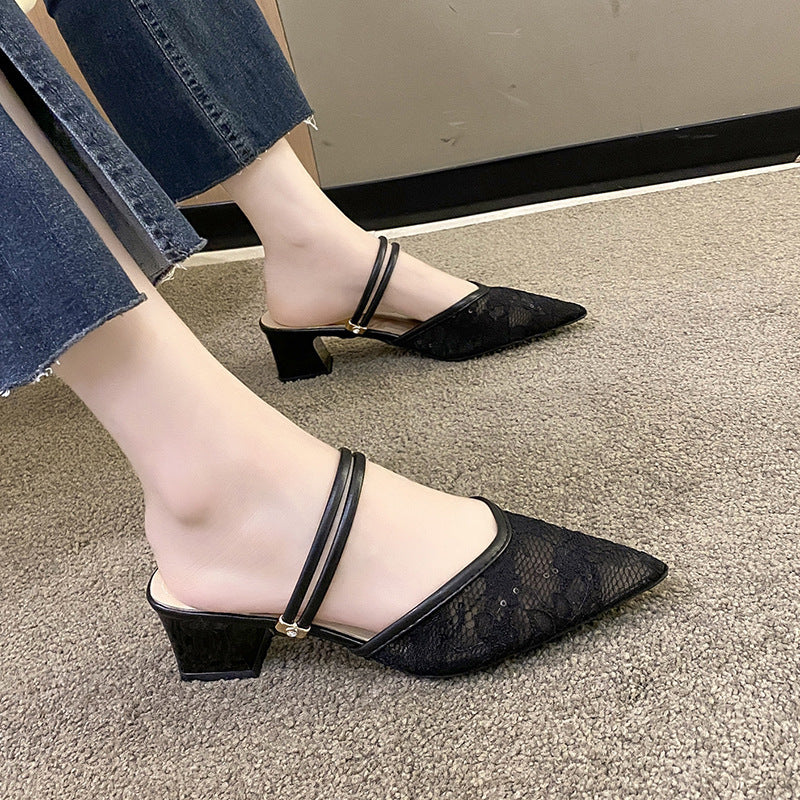 Women's sling pumps with delicate lace and elegant block heel Ivyshape