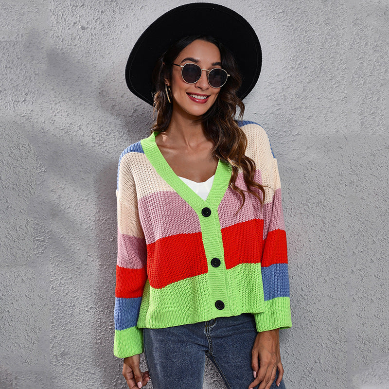 Ladies fashionable cardigan with colorful striped pattern and button details Ivyshape
