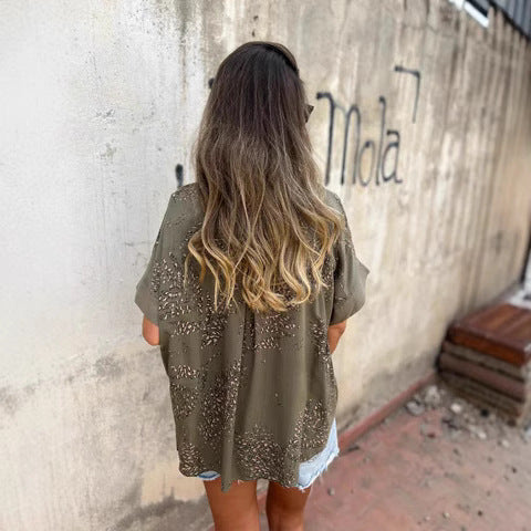 Ladies short-sleeved blouse with elegant lace pattern Ivyshape