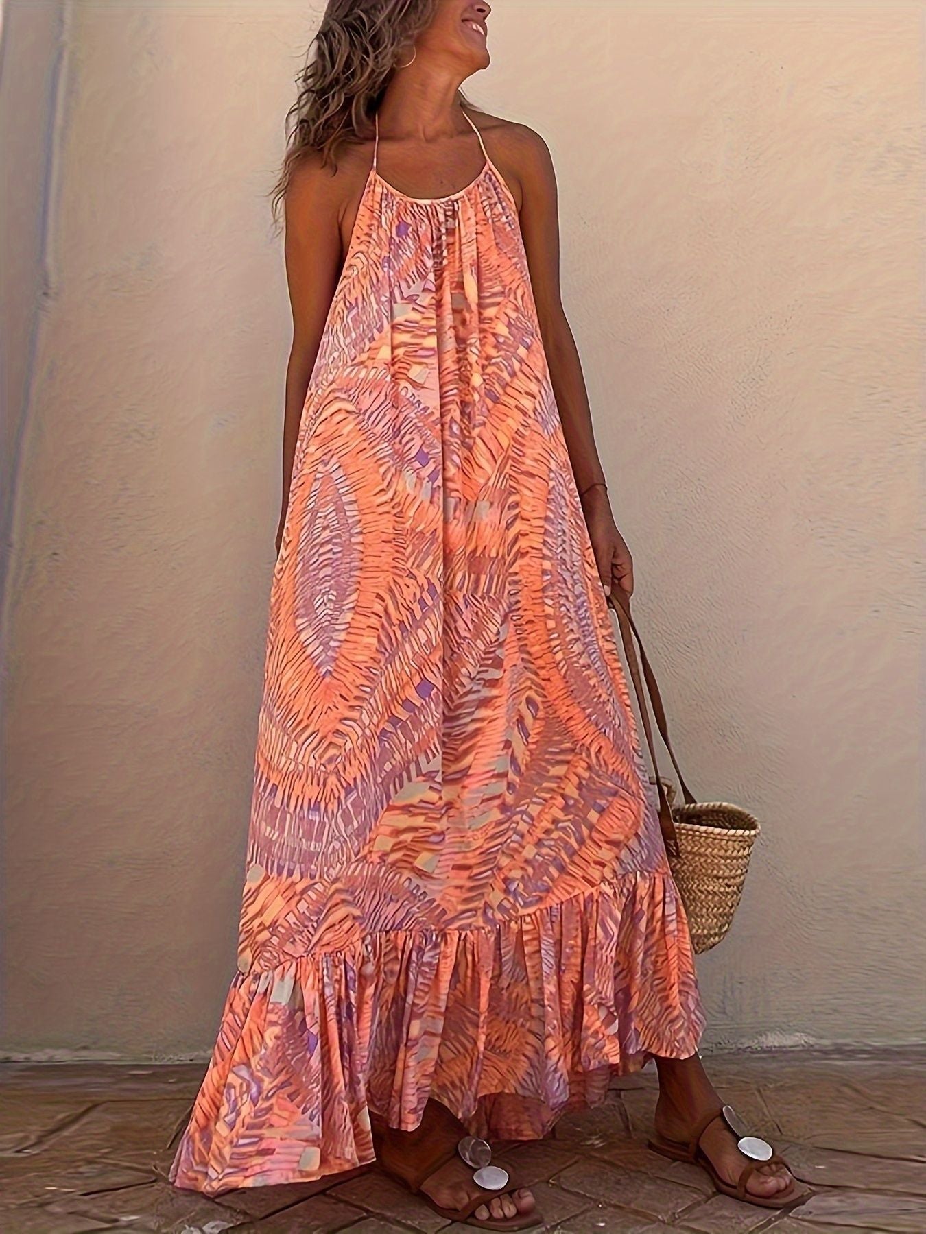 IvyShape | Elegant Printed Halter Big Hem Off-Shoulder Beach Long Dress