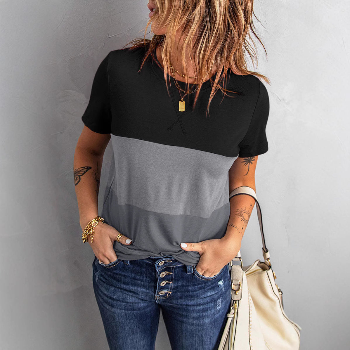 Women Fashion T-Shirt with Color Block Design and Loose Fit Ivyshape