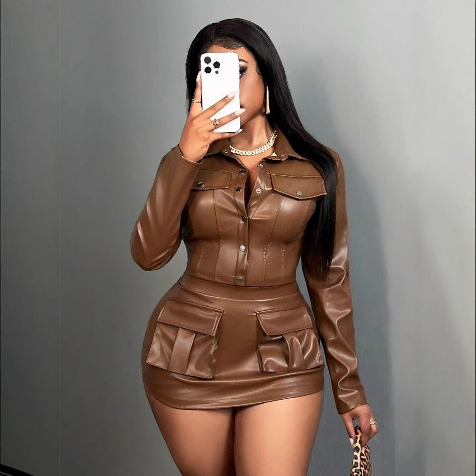 Women Faux Leather Mini Dress with Practical Flap Pockets Ivyshape