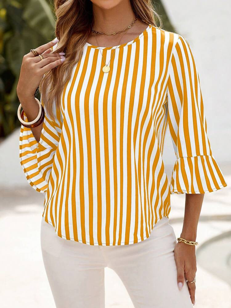 Ladies fashionable blouse with striped ruffle sleeves Ivyshape