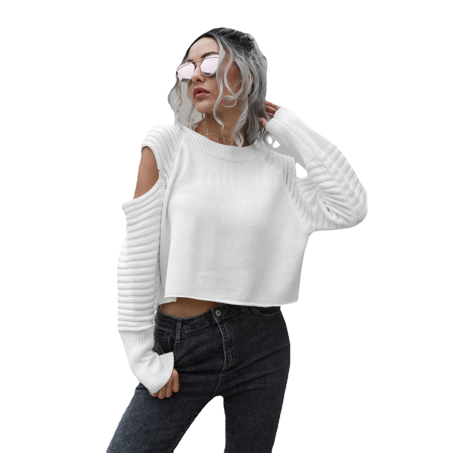 Women's Cropped Sweater with Open Shoulder and Rib Knit Pattern Ivyshape