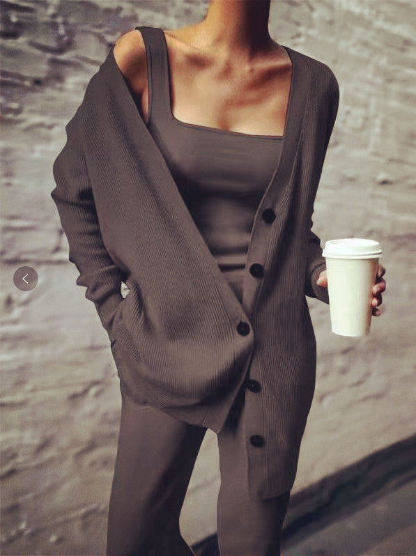 IvyShape | Cozy Knit Three-Piece Coat Vest Pants Set