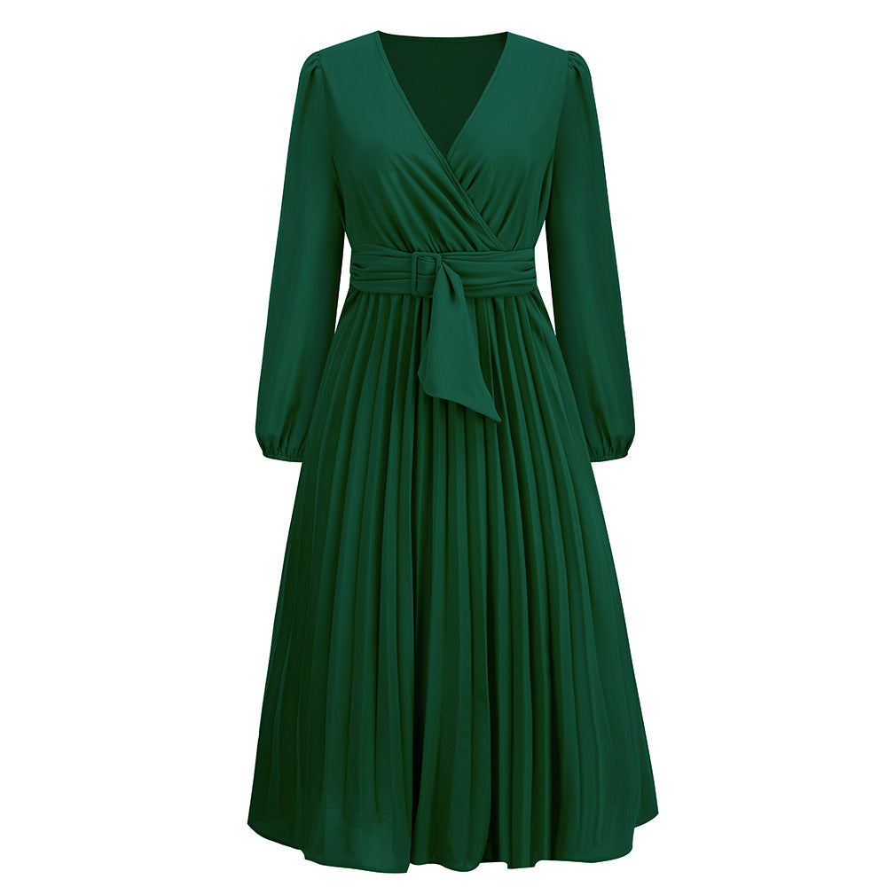 Women elegant wrap dress with pleated details and waist belt Ivyshape