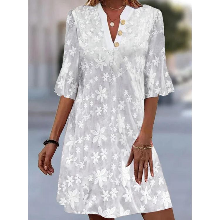 IvyShape | Embroidered Three-Quarter Sleeve V-Neck Button Dress