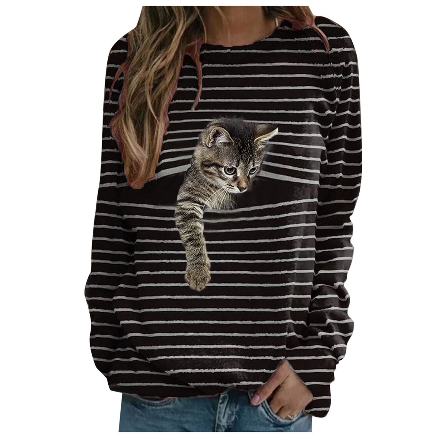 IvyShape | Playful Cat Print Striped Women's T-Shirt