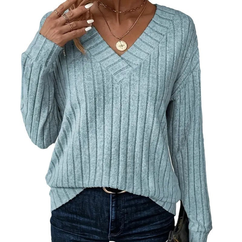 Women Elegant V-Neck Knitted Sweater with Rib Design Ivyshape