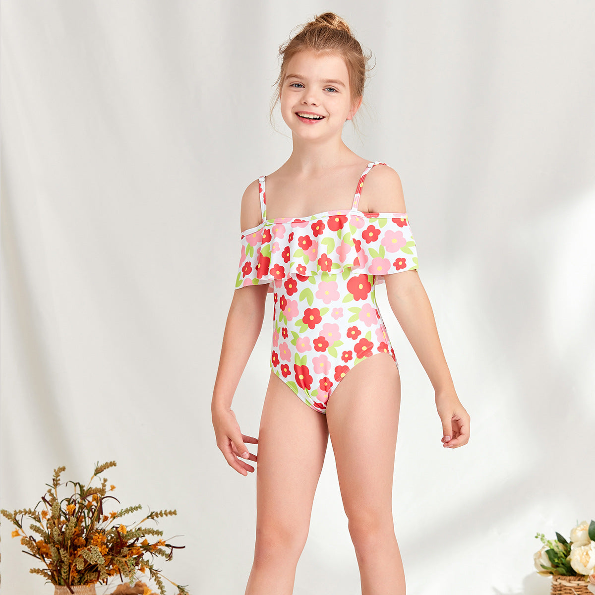Women's One-Piece Swimsuit with Off-Shoulder Design and Floral Ruffle Elements Ivyshape
