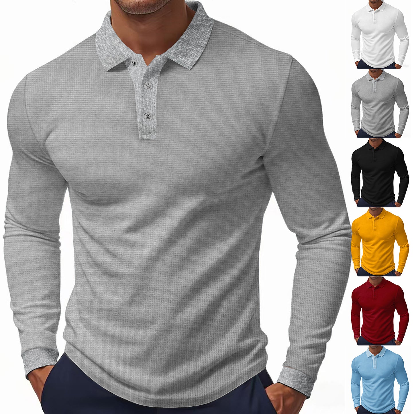 Men's Long Sleeve Polo Shirt with Textured Fabric Ivyshape