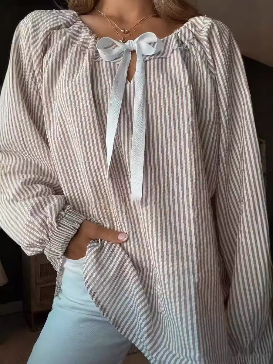 Ivyshape | Striped Tie Chiffon Shirt