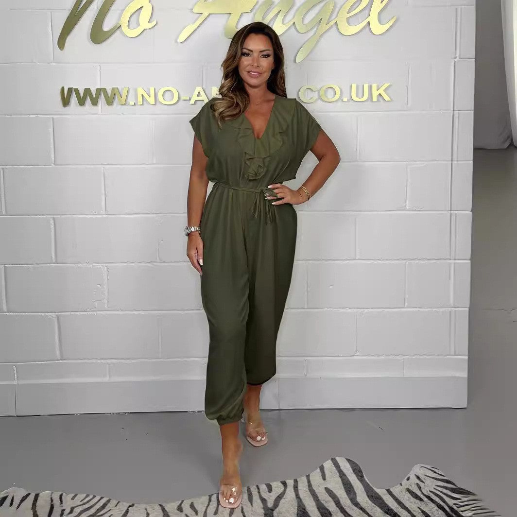 Women's jumpsuit with ruffle details and tie belt Ivyshape