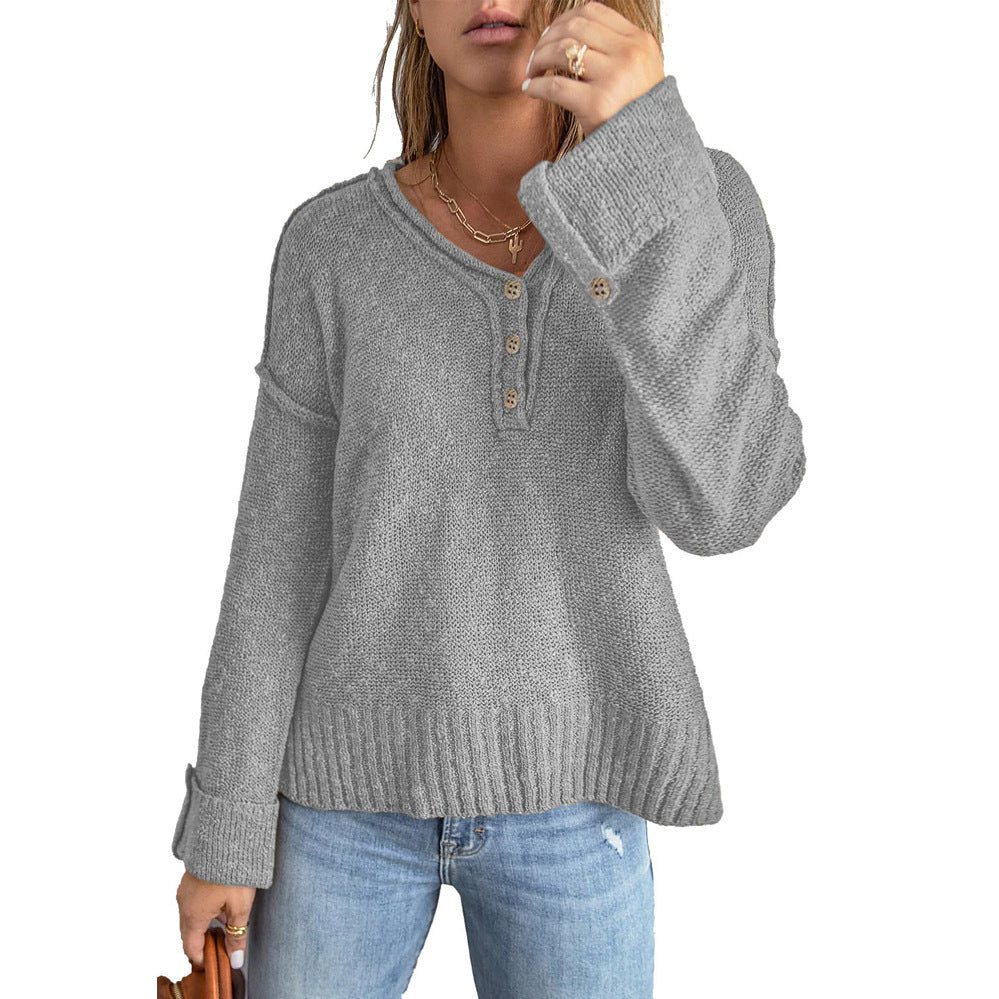 Ladies casual knit sweater with button placket and loose fit Ivyshape
