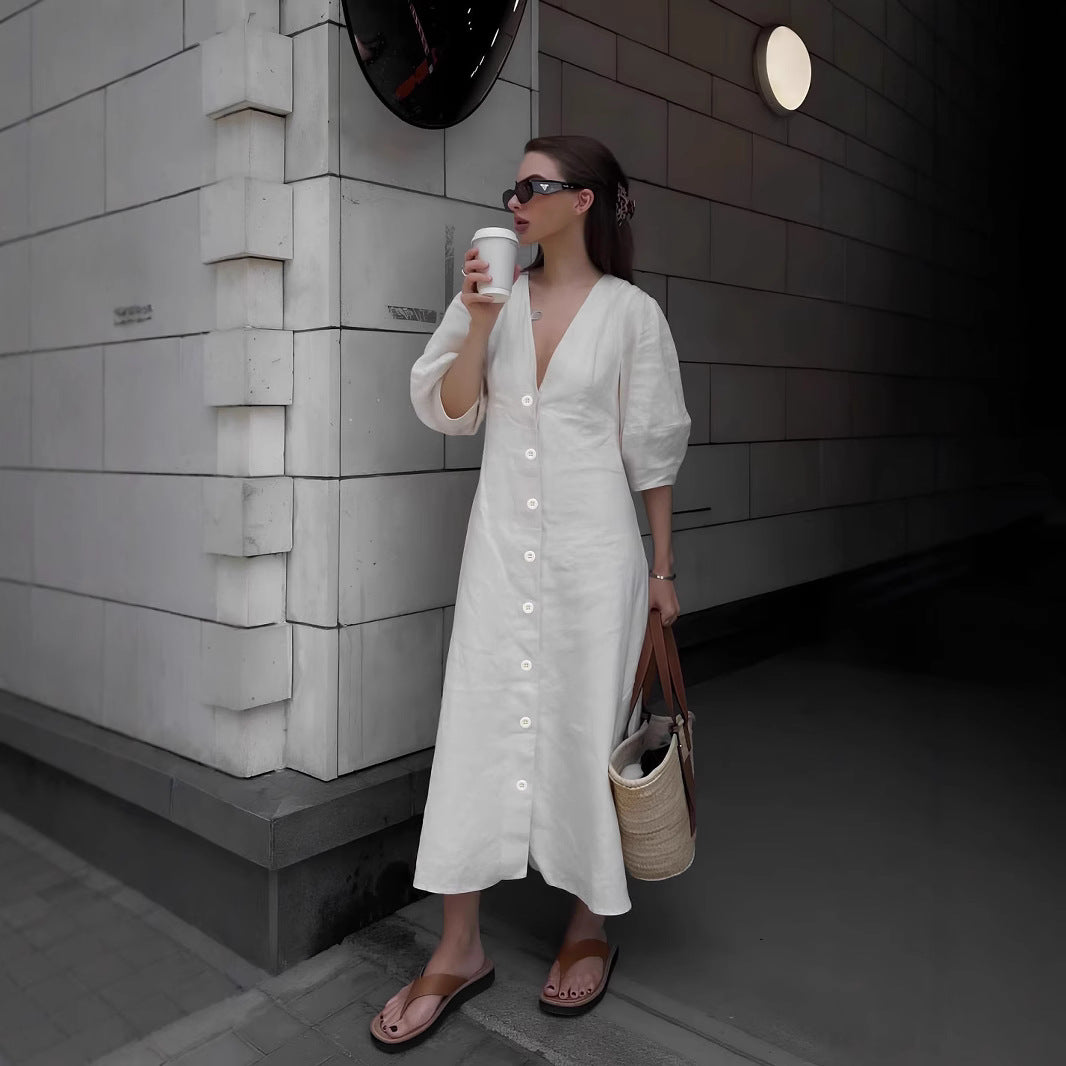 Women Loose Linen Button Dress Ivyshape