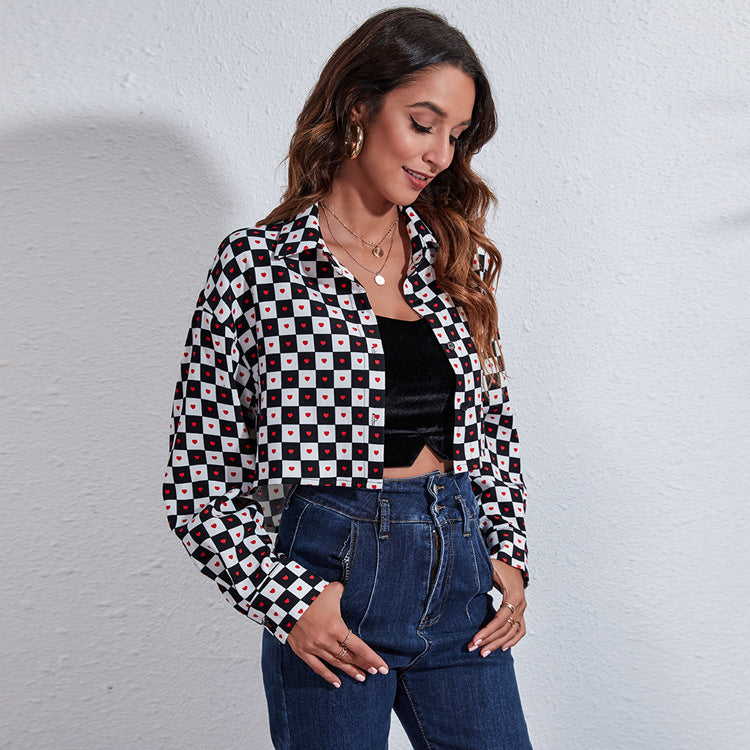 Ladies' Stylish Checkered Blouse with Hearts and Cropped Cut Ivyshape