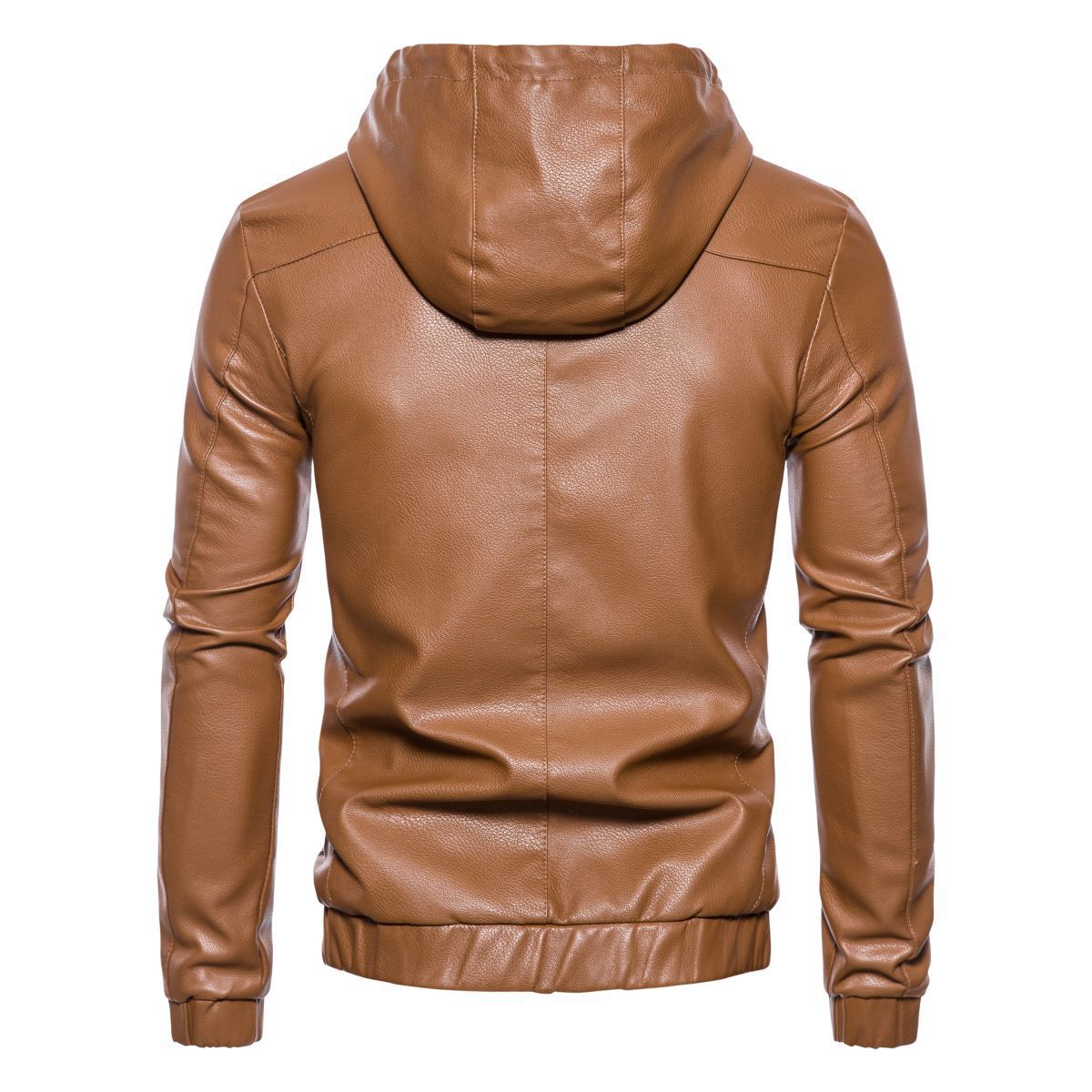 Men's synthetic leather jacket with practical hood design and sporty details Ivyshape