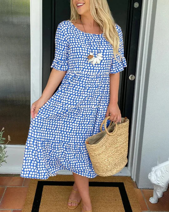 Women's Summer Midi Dress with Charming Dot Pattern and Elastic Waist Ivyshape