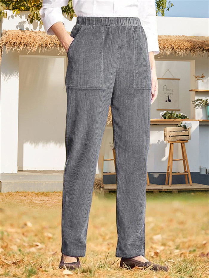 Women's corduroy pants with elastic waistband and practical pockets Ivyshape