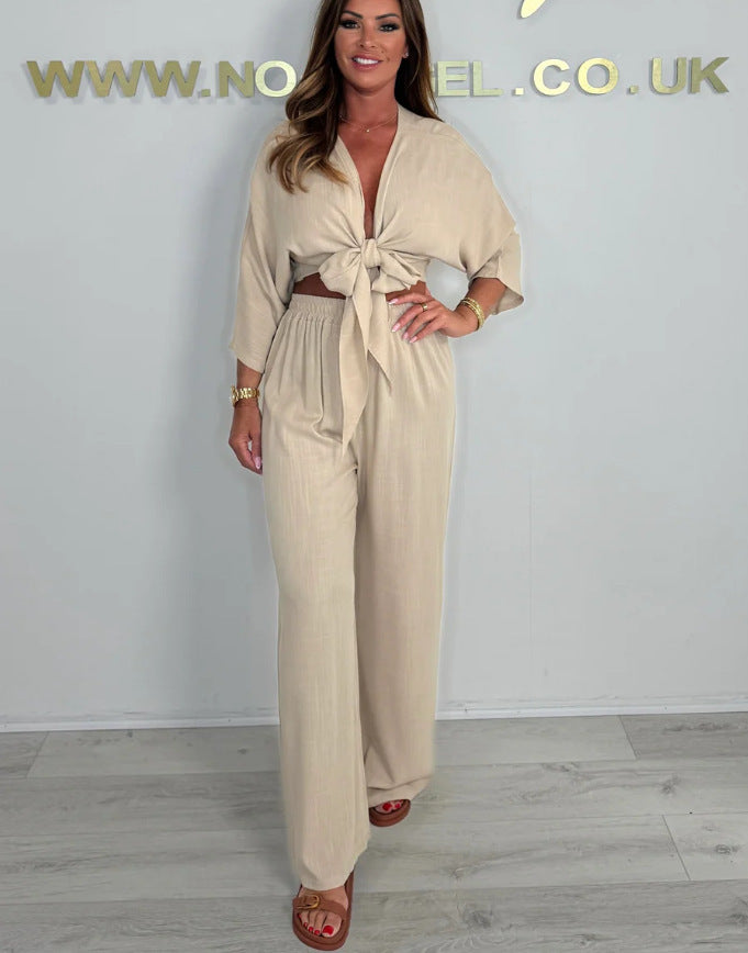 Ladies Elegant Jumpsuit with Playful Knot and Wide Cut Legs Ivyshape