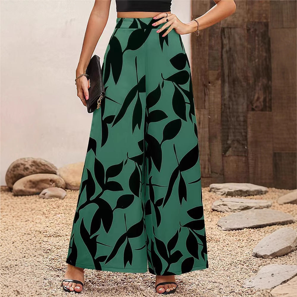 Women Wide Cut Palazzo Pants with Floral Pattern and Elegant Waistband Ivyshape